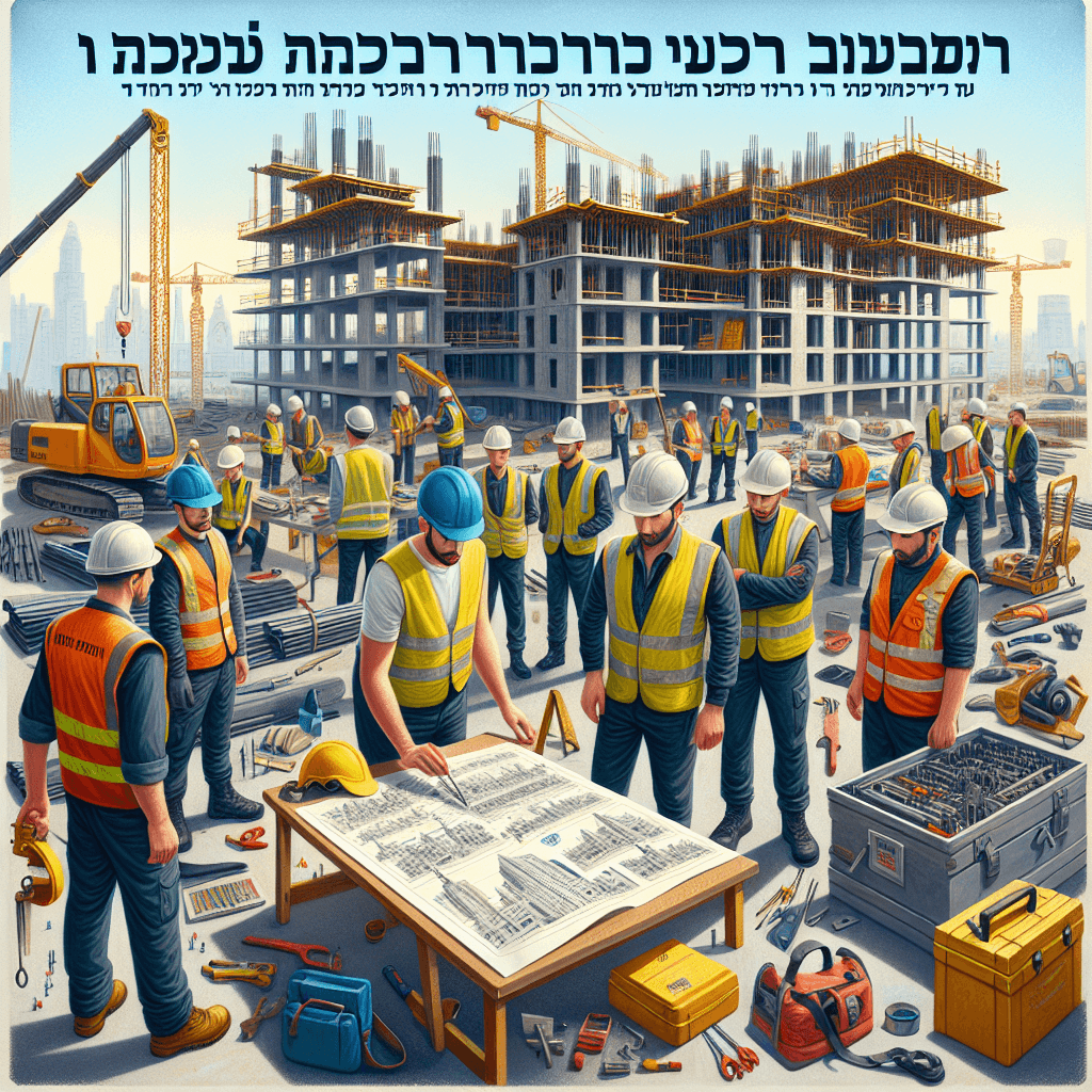 עובדים עם קסדות ואפודי בטיחות במהלך הדרכה באתר בנייה.
